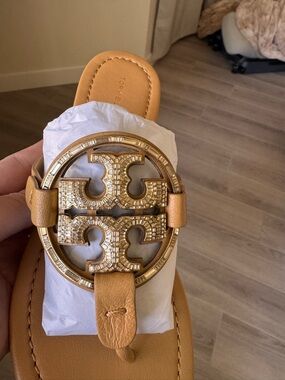 Tory Burch Tan Leather Sandal with Gold Logo Medallion